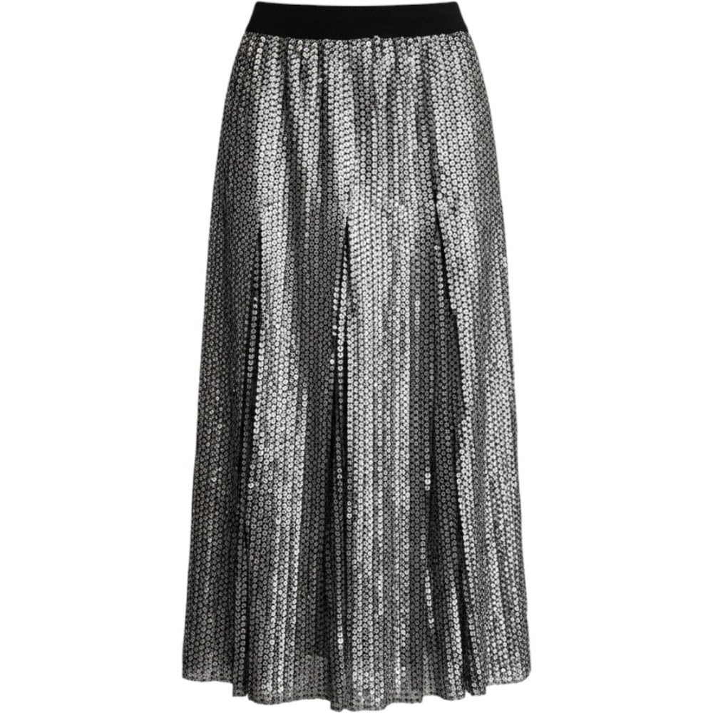 Maje Jaly Silver Sequin Midi Skirt Black Elastic Waist 2 Medium A-line Metallic